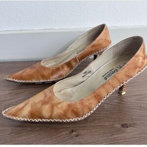 Paloma Barcelo Tan Leather Heels with Unique Curved Heel